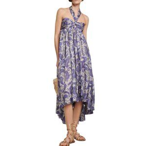 Zimmermann Devi Pleated Midi Dress Womens 0 XS Blue Paisley Halter Neck Silk